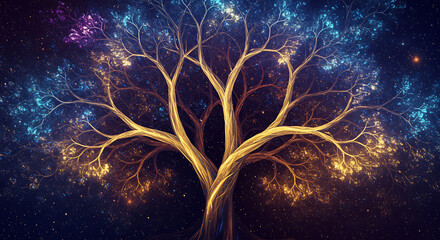 Abstract tree with fractal branches glowing with cosmic light, symbolic growth.