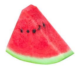 Isolated Watermelon piece triangle on white background. Watermelon cutted piece.  Top view. Flat lay. Package design elements.