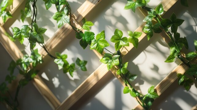 Green vine leaves twining on a wooden lattice create a natural background