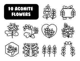 Cute Aconitum Flower Dingbats, Hand Drawn Vector Icon Set, Kawaii Aconitum Flowers Vector Icons, Cute Wolfsbane Flower Symbols