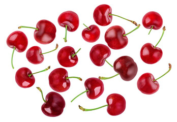 Levitating Red Cherries isolated on white. Flying sweet cherry.  Explosion. Top view. Flat lay. Pattern 