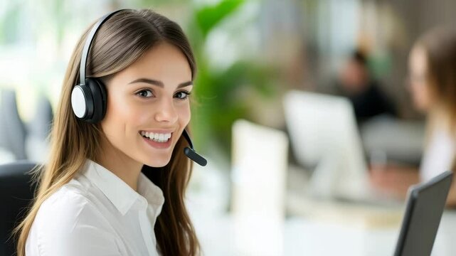 Confident customer service agent engaging clients with professional headset in modern office