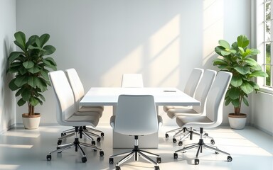 Modern business meeting room with white chairs and minimalist table in bright office space with green plants and large windows. Ai generative. High quality