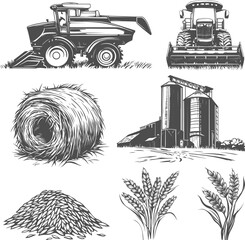 Set illustrations of grain harvesting isolated on white. Vector graphics