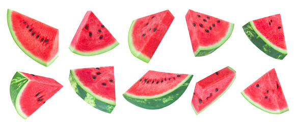 Levitating Watermelon pieces isolated on white. Flying Cutted watermelon  pieces  explotion. Watermelon fruit collection.  Top view. Flat lay. Pattern 