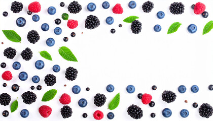 Fresh Blackberries, Blueberries, Raspberries, and Black Currants Isolated on White Background for Design