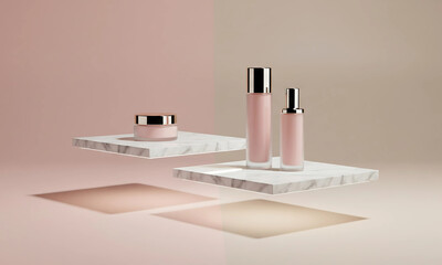 Elegant Skincare & Makeup Products on Marble Platforms in Soft Pastel Tones