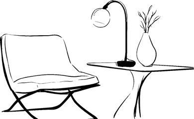Minimalist line art of cantilever chair with table lamp and vase for modern interior design