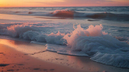 Sunrise and sunset over a peaceful winter beach with waves and clouds