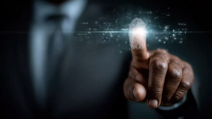 Businessman using fingerprint identification to access personal financial data.