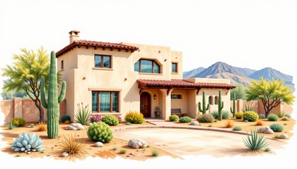 Fototapeta premium watercolor painting, desert two story house with adobe walls, flat roof, cactus garden setting, white background, photorealistic, high quality.