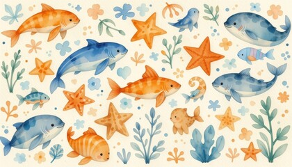 sea animals in circular repeat layout, watercolor, baby illustration