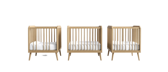A trio of wooden cribs featuring a minimalist design, ideal for nurseries, showcasing safety and comfort for infants.