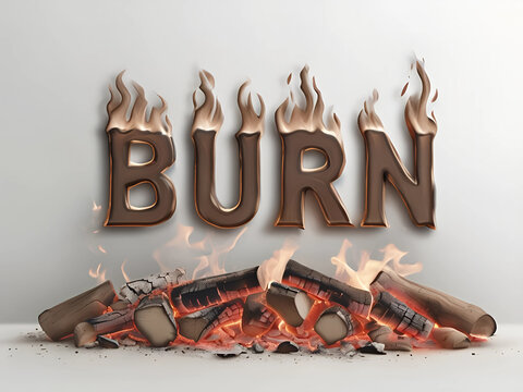 la parola bruciare prende fuoco sopra dei pezzi di legno in fiamme dentro un camino, the word burn catches fire on pieces of wood in flames inside a fireplace
