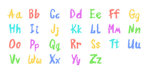 Colorful English alphabet hand-drawn in a crayon. Capital and lowercase letters in chalk, pastel, or wax style. Highlighter effect on board for kindergarten drawing and learning. Vector illustration