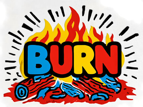 la parola bruciare prende fuoco sopra dei pezzi di legno in fiamme dentro un camino, the word burn catches fire on pieces of wood in flames inside a fireplace