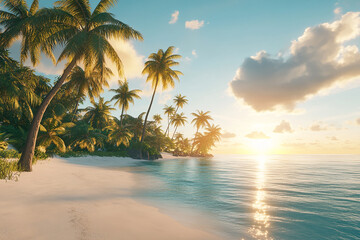 Tropical beach paradise with palm trees and ocean at sunset idyllic scene