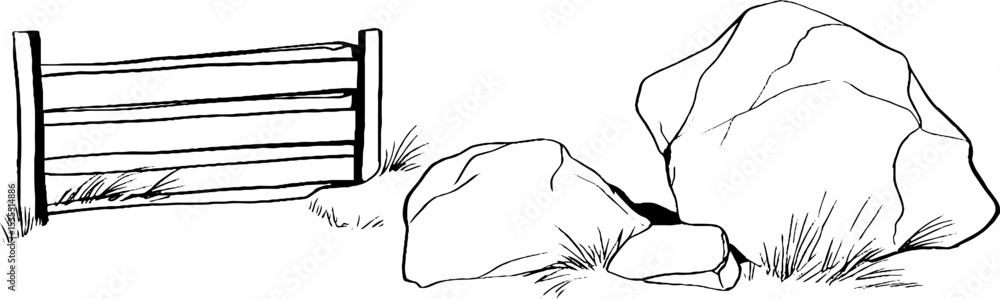 Poster minimalist line art illustration of a rustic fence gate and natural stone setting for design project