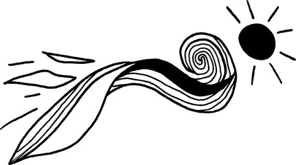 Whimsical line art of falling star and sunburst for decorative design