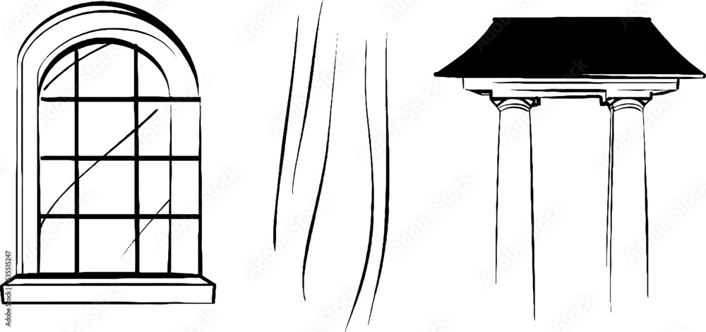 Poster architectural line art set featuring grid window frame and column details