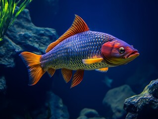 Naklejka premium Beautiful aquarium fish swimming gracefully in clear water, close-up, tropical and colorful.