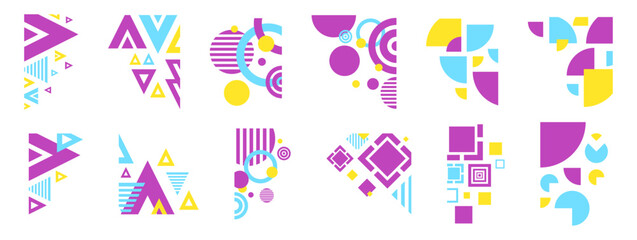 Collection of abstract geometric decorative borders in a variety of colorful shapes. Vector design elements for graphic design, posters, banners, and backgrounds.