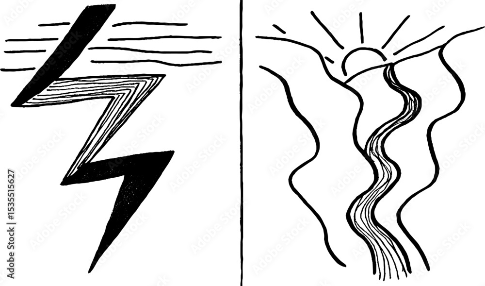 Poster abstract line art set featuring lightning bolt and sunburst design for artistic projects