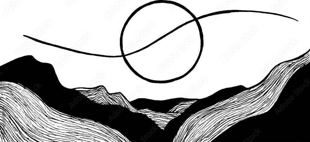 Poster abstract monochrome landscape with circular motif and flowing lines for artistic design