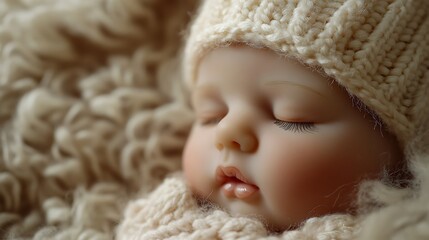A reborn doll wearing a tiny knitted hat, with the camera focused on the knit texture and how it rests on the doll&rsquo;s fine, fluffy mohair hair.