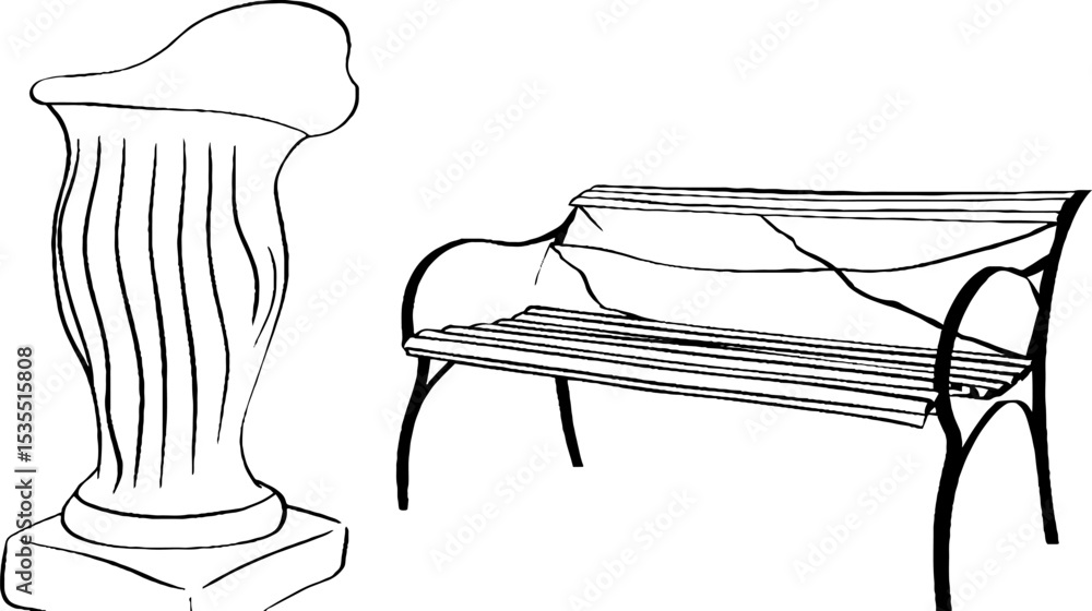 Poster minimalist line art of lyre motif and greek column with bench - design for print or poster