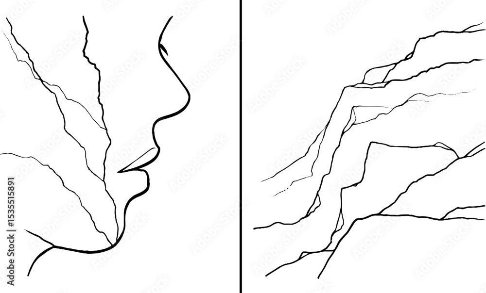 Poster minimalist line art of marble vein patterns and abstract face profile