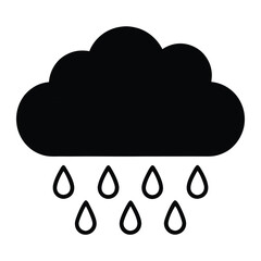 Simple, clean silhouette art icon of a rain cloud with falling raindrops. Ideal for weather forecasts, monsoon branding, or minimalist design projects. Scalable vector graphic.