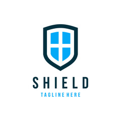 Minimalist shield logo with cross and line design