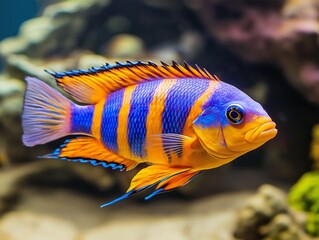 Beautiful aquarium fish swimming gracefully in clear water, close-up, tropical and colorful.