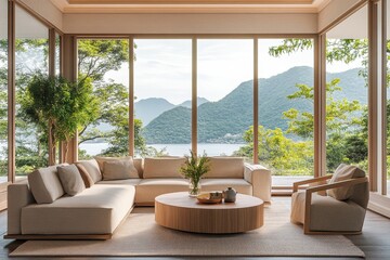 Modern minimalist living room with mountain view