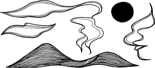 Line art illustration set featuring night mist and shapes