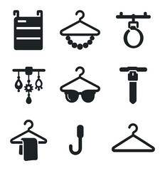Accessory Organizer Icons. Solid, filled icons set of hanging organizers for accessories: over-door organizer,