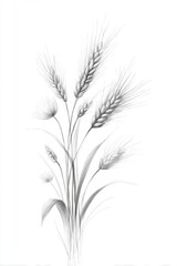 Elegant Sketch of Wheat Stalks and Flowers against White Background