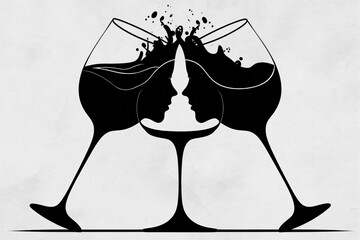 Black and White Minimalist Wine Glass Illustration with Human Face Silhouettes and Splash Effect