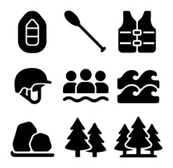 Rafting Adventure Icons. Solid, filled icons set of team rafting adventure: raft, paddle, river, life jacket,