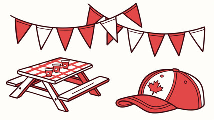 Canada Day Celebration Icon Set Picnic Table Flag