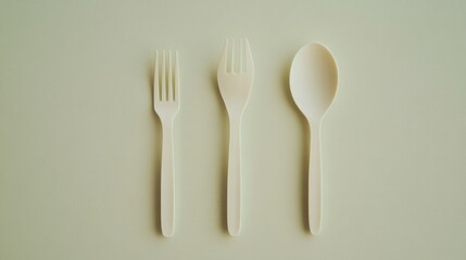 Three Eco-Friendly Disposable Utensils in Light Color on Soft Textured Background for Dining and Catering Purposes
