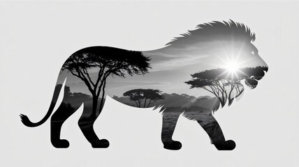 Majestic Double Exposure Lion Silhouette with African Sunrise in 8K Ultra HD