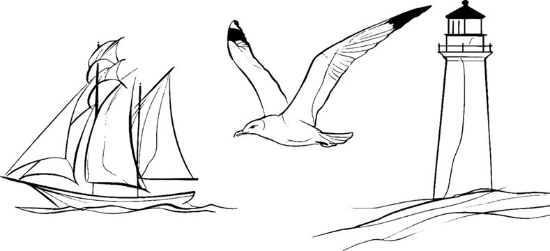 Nautical line art set featuring sailing ship, seagull, and lighthouse for marine design