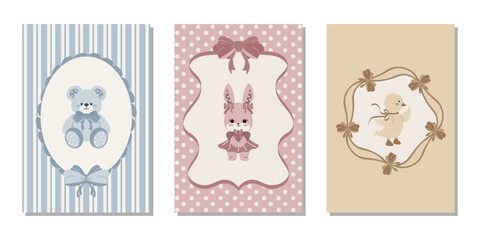 A set of vintage modern children's banners with hand-drawn teddy bear, rabbit and duckling for invitations, greeting cards, covers, posters and more. Flat vector illustration.
