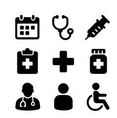Medical Icon Grid. Solid, filled icons set of medical treatment facilitation: calendar, stethoscope, syringe,