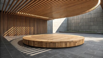 Obraz premium Circular Wooden Platform Modern Architecture Gray Concrete Walls Wooden Ceiling