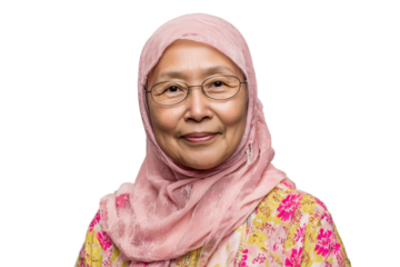 Warm portrait of older woman wearing soft pink hijab and floral top, smiling gently with eyeglasses—against transparent background png , conveying wisdom, cultural identity, kindness
