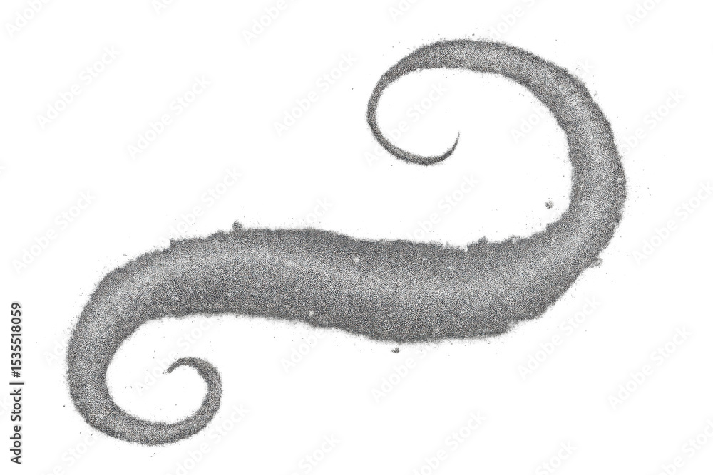 Poster glittering silver particles spiraling dynamically, forming fluid metallic design element with transl