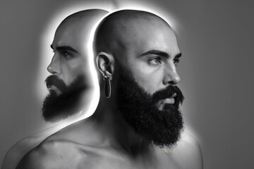 Dramatic Black and White Portrait of Bearded Bald Man with Artistic Light and Shadow Contrast